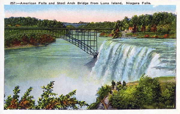 Niagara Falls, NY State, USA - American Falls and Steel Arch Bridge. Date: circa 1930