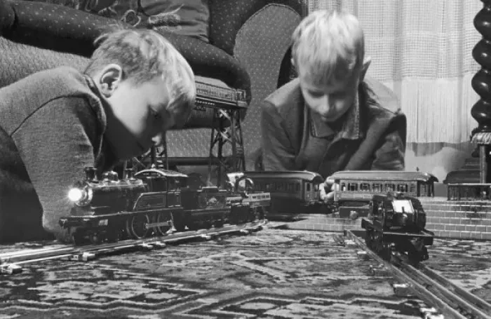 Framed Print : Vintage Print of Two Boys with a Model Train Set Framed Print : Vintage Print of Two Boys with a Model Train Set