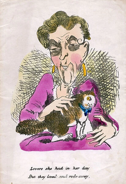 Old maid with cat on a comic greetings card