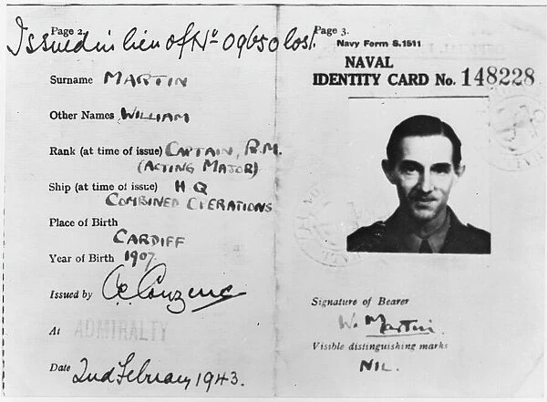 Operation Mincemeat - naval ID card of Major Martin