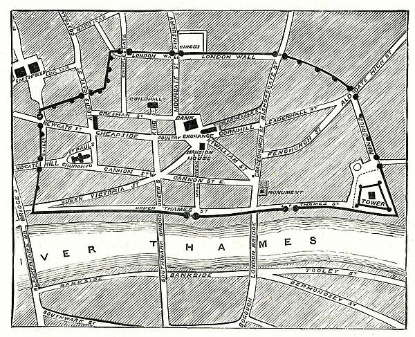 Outline of Old Roman Wall, shown on Map of London 1885