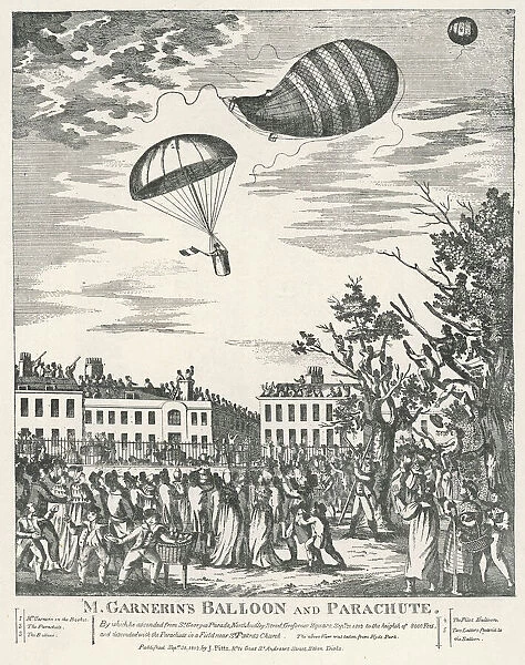 PARACHUTE. Jacques Garnerin demonstrates his parachute in London, ascending by balloon