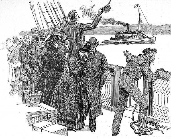 Passengers on a Trans-Atlantic steamer waving goodbye to the