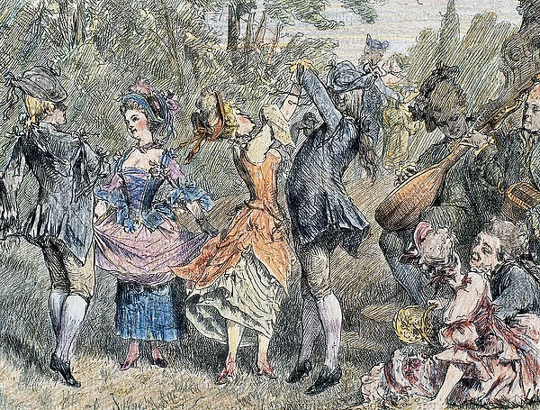 Pastoral dance. 18th century. Colored engraving