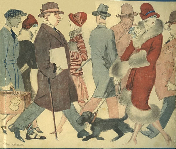 People. Illustration of men and women walking along a street. Artist: G Kohler Date: 1927