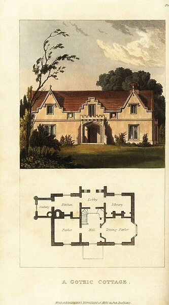 Plan and elevation of a Regency Era, Gothic style cottage