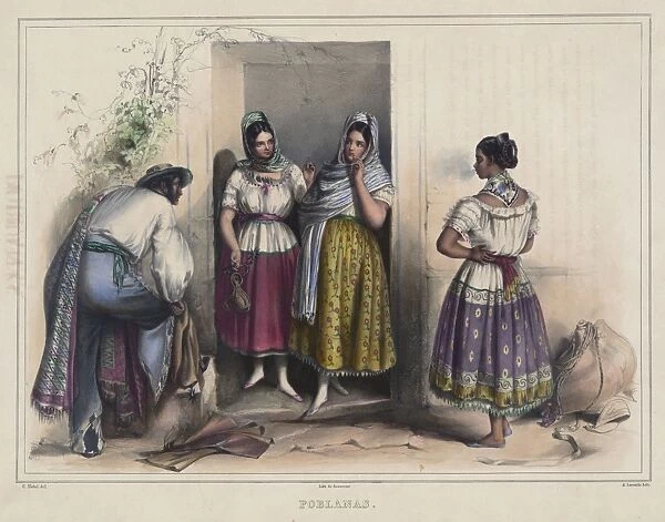 Poblanas. Print showing a man and three women
