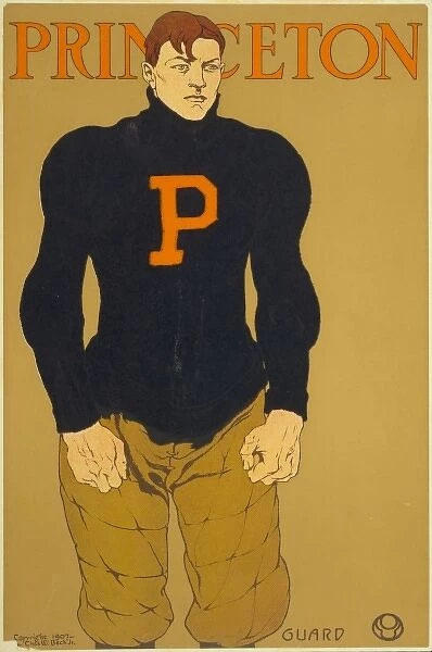 Princeton. Poster shows a football player wearing a shirt with the P.