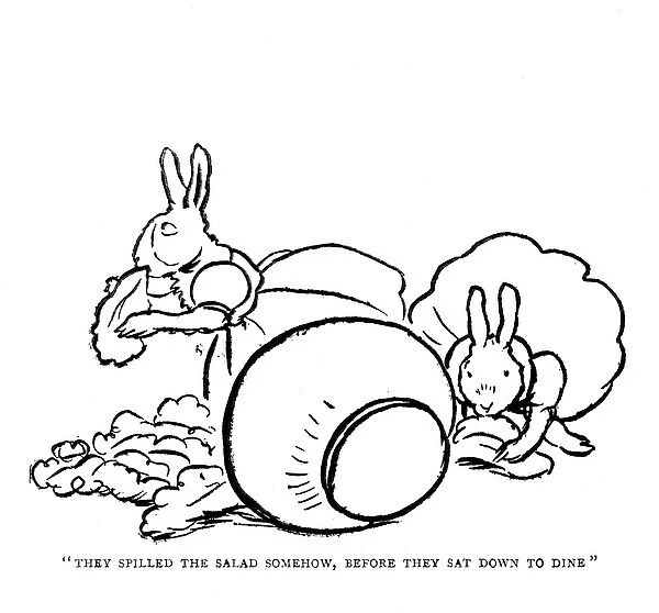 Two rabbits eating salad