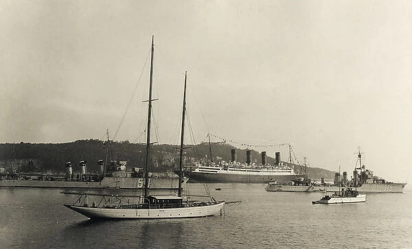 RMS Aquitania, cruise ship, with destroyers, WW1