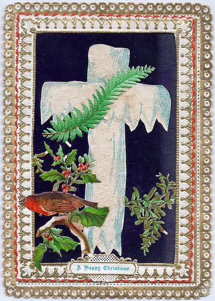 Robin, holly, mistletoe and a cross on a Christmas card