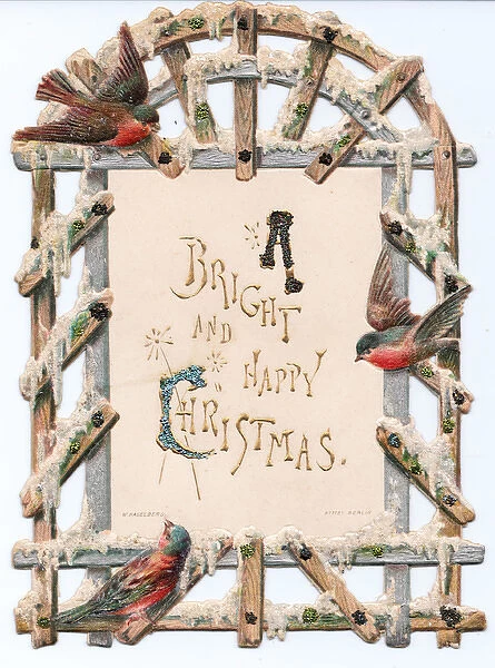 Robins and trellis on a cutout Christmas card