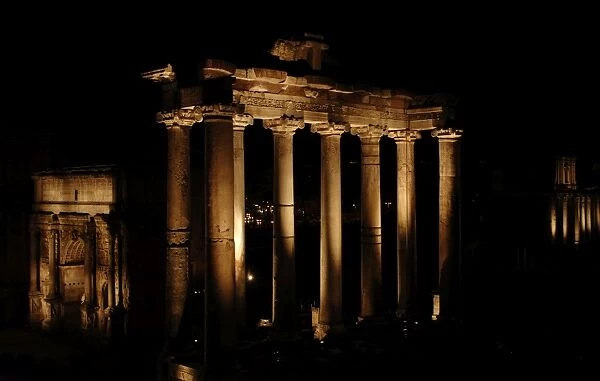Rome. Roman Forum. Night view of the Temple of Saturn