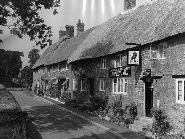A row of charming old thatched cottages and the thatched Red Lion pub
