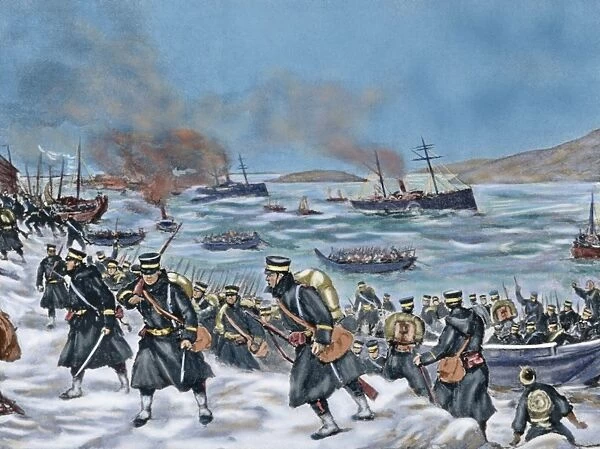 Russo-Japanese War (1904-1905). Landing of Japanese troops i