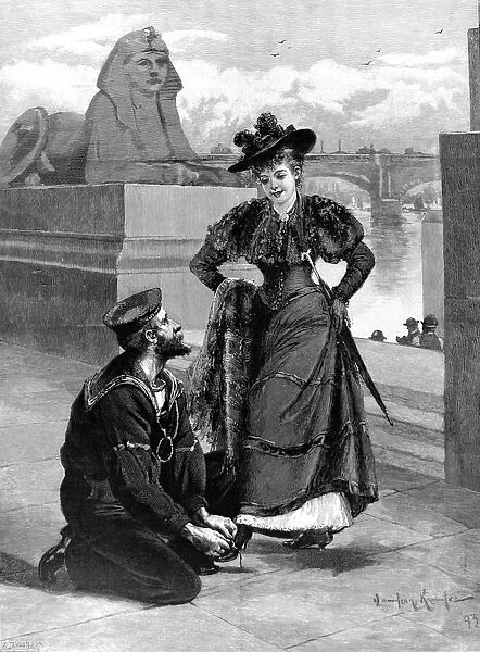 Sailor tying a ladies shoe, Thames Embankment, 1893