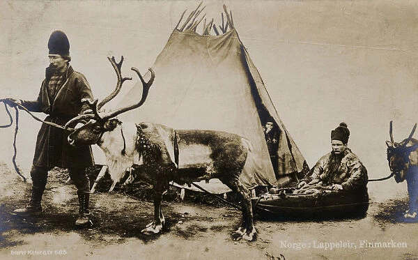 Sami Family, with tent, sled and Reindeer, Finnmark County