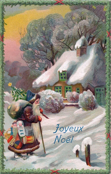 Santa Claus bringing presents on a French Christmas postcard