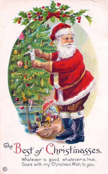 Santa Claus with tree on a Christmas postcard