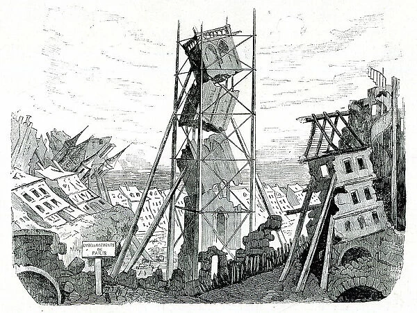 Satirical cartoon, broken tower with scaffolding, Paris