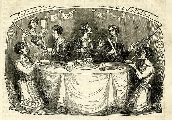 Saxon men at a table enjoying a banquet