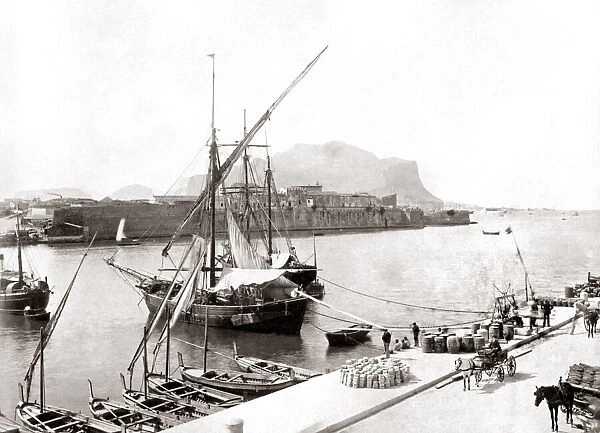 Ships of the waterfront, Palermo, Italy, circa 1880s. Date: circa 1880s