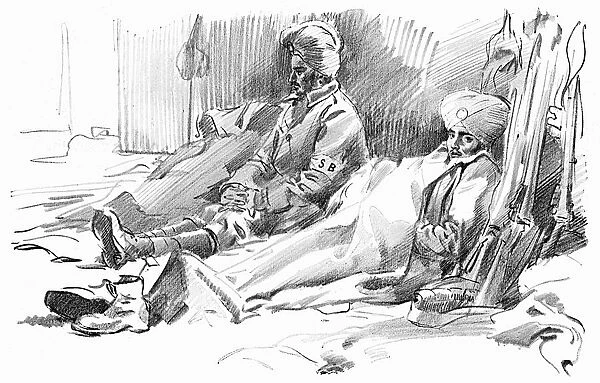 Sikh soldiers resting in a French building, WW1