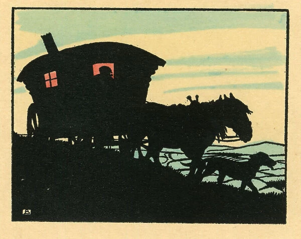 Silhouette of horse-drawn gypsy caravan