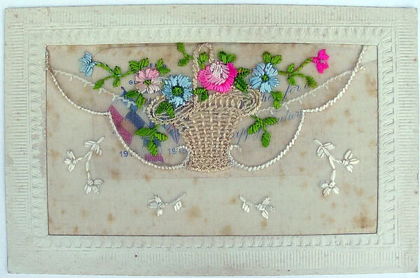 Silk postcard embroidered with flowers in a basket
