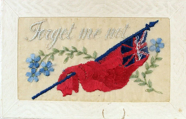 Silk postcard showing Union Jack - Forget Me Not