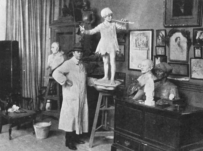 Framed Print : Sir George Frampton in Studio with Peter Pan Print, 1912 Framed Print : Sir George Frampton in Studio with Peter Pan Print, 1912