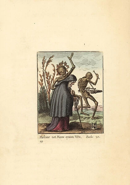 Two Skeletons of Death lead an Old Woman to her fate