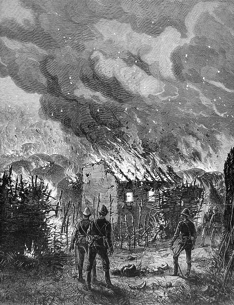 Sketch by ILN special artist, Melton Prior. British troops in tropical helmets survey the destruction by fire of the house of Cetshwayo, King of the Zulus, at the end of the