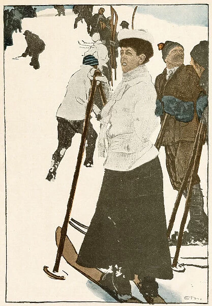 Skiers gather on the piste. Date: 1910