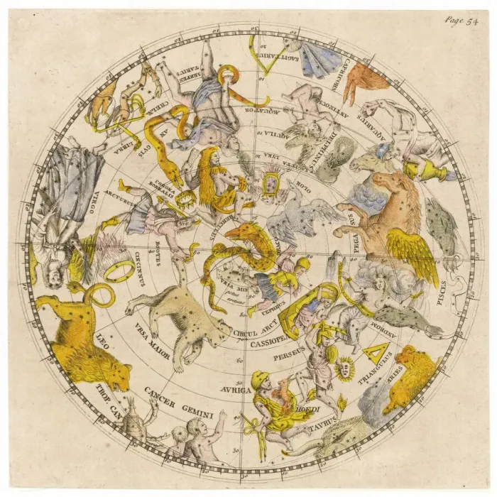 Framed Print : Print of a Sky Chart featuring Zodiac Signs and Celestial Features