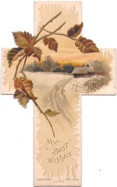 Snow scene on a cross-shaped Christmas card
