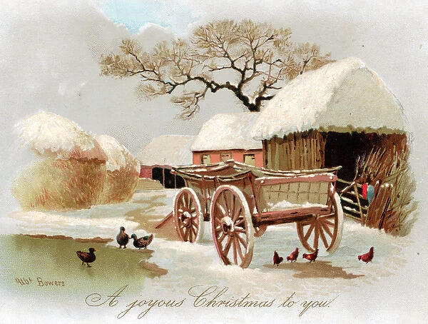 Snow scene with ducks and pond on a Christmas card