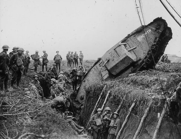 Soldiers and tank in trench