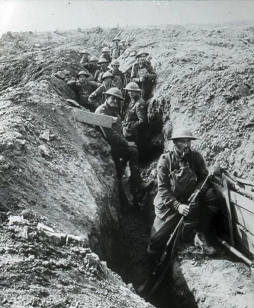 Soldiers in trench with fixed bayonets