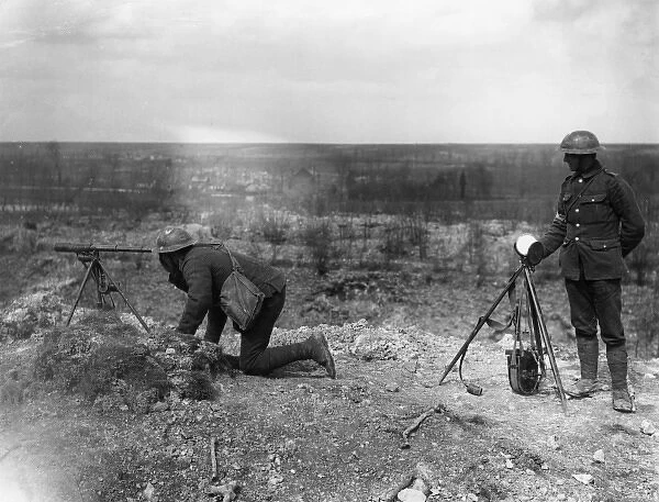 Two soldiers using heliograph for signalling, France, WW1