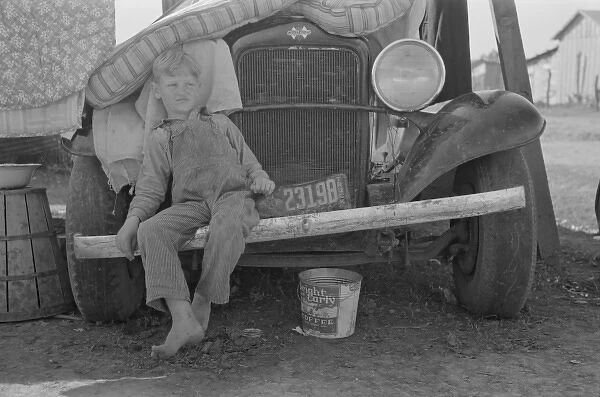 Son of white migrant sitting on bumper of their truck, Wesla