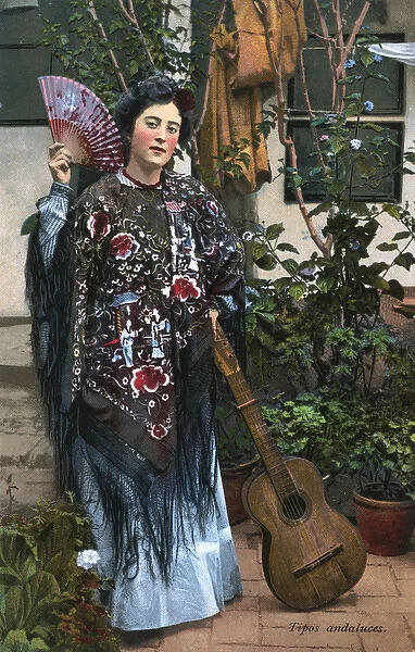 Spain - Andalucian Lady with guitar and fan - Japanese shawl