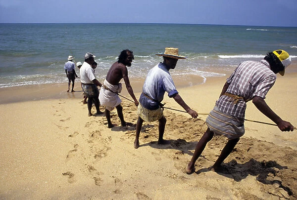 Sri Lankan beach fishermen hauling nets - 3