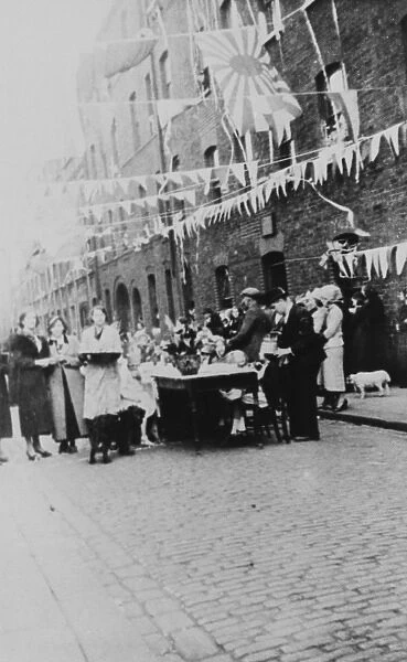 Street party with bunting and Japanese flag