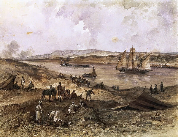 Suez Canal. Egypt. Watercolor by Riou