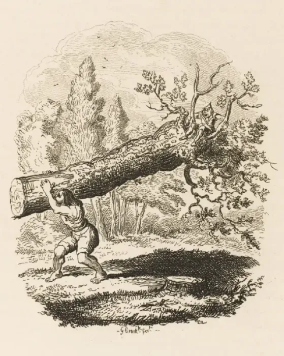 Framed Print : Print of The Young Giant and the Tailor with a Tree-Trunk