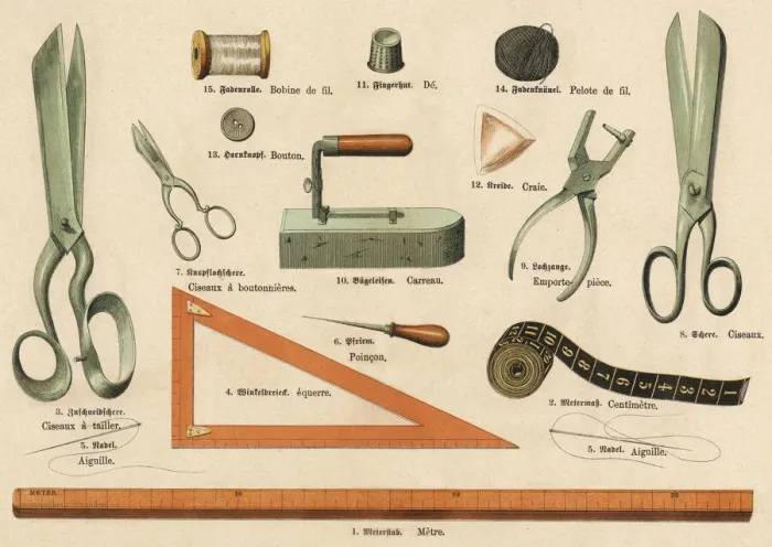 Framed Print : Tailoring Print featuring Scissors and Iron