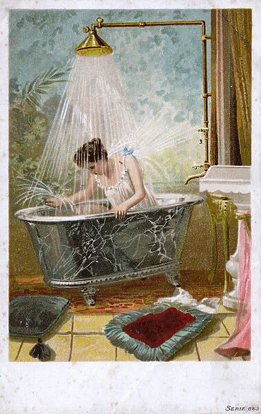 Taking a shower in a fine marble bathtub