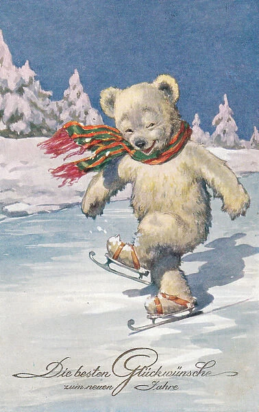 Teddy bear skating on a German New Year postcard