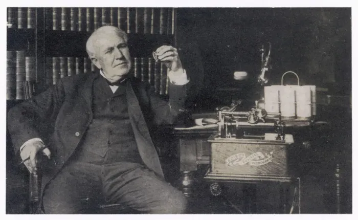 Framed Print : Thomas Edison with Edison Business Phonograph Print Framed Print : Thomas Edison with Edison Business Phonograph Print